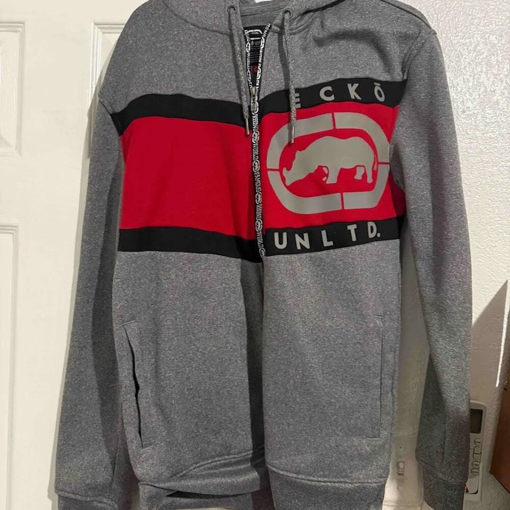 Ecko United Gray Full Zip y2k Hoodie Mens Size Large Actual Factual Graphic